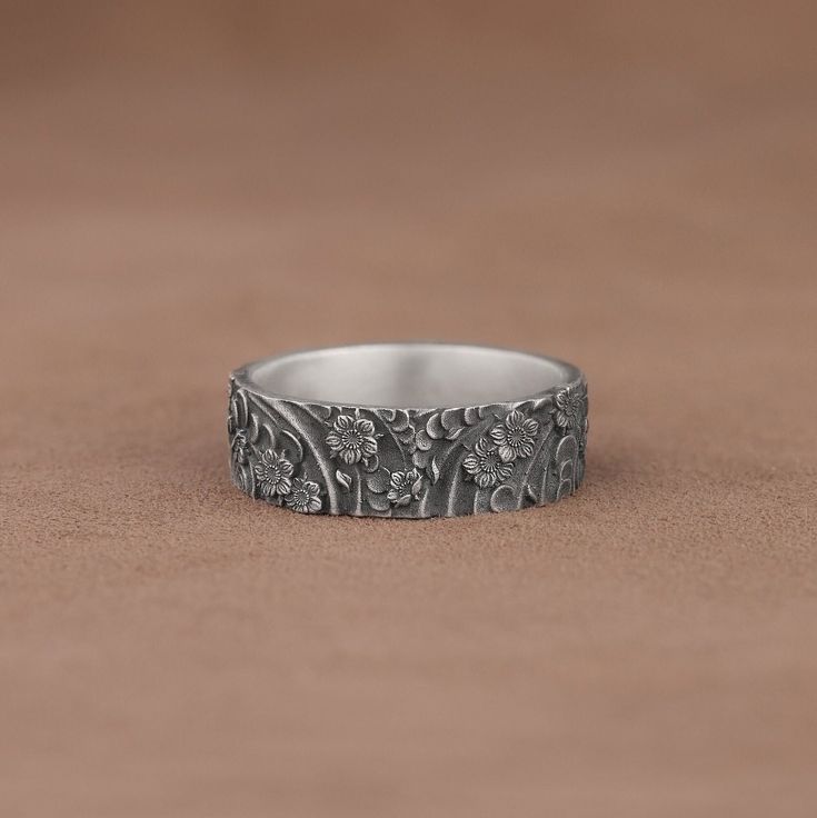 Floating Flowers Oxidized Dainty Ring, Elegant Wedding and Promise Band,  925 Sterling Silver Handmade Ring for Her, Engraved Floral Ring ✅ Handcrafted with love and joy, this ring will be with you for years to come, possibly even taking its place as a family heirloom for generations to come!  ✅ With its detailed handmade engravings, this silver ring will catch some serious attention and make a beautiful gift for your beloved ones. ✅ It's very elegant and classy for everyday use but also can be Heirloom Jewelry With Oxidized Finish For Anniversary, Sterling Silver Rings With Decorative Band For Anniversary, Sterling Silver Ring With Decorative Band As Gift, Silver Heirloom Style Promise Ring, Silver Heirloom Couple Promise Rings, Stamped Silver Jewelry For Wedding, Fine Jewelry Silver Bands As Gift, Silver Bands As Fine Jewelry Gift, Silver Ring With Oxidized Finish For Anniversary