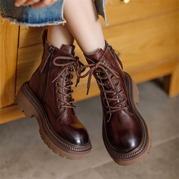 65mm Platform Chunky Lace-Up Combat Boots Women Martin Boots Ankle Boots in Black/Brown/Yellow Cute Brown Boots Short, Lace Up Boots Brown, Goblincore Boots, Cottagecore Boots, Combat Boots Women, High Lace Up Boots, Brown Combat Boots, Olive Oyl, Heels Comfortable