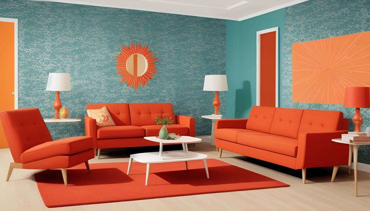 an orange and teal living room with modern furniture