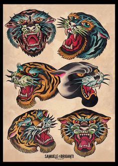 an old school tiger tattoo design on the back of a shirt, with different colors and designs