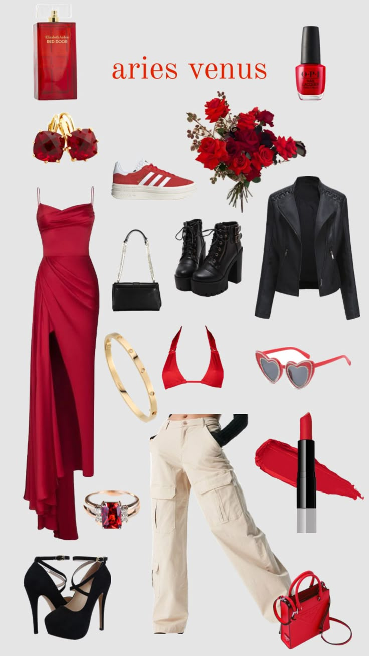 there are many different types of clothes and shoes on this page, all in red