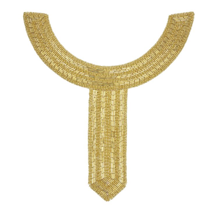 Explore ancient Egyptian inspiration with this Vintage Fancy Gold Bugle and Seed Beaded Collar Appliqué! A collar with a geometric tie-like extension is lined with gold bugle and seed beads for a neatly designed appliqué fit for a queen. Use this trim for the necklines of gowns for an Egyptian look, the collars of blouses, high-necked dresses, and much more.

Measuring 9.5 inches by 9 inches, it has a gauge of 2.84mm. Gold Jeweled Beaded Costume Necklace, Handmade Gold Beaded Costume Necklace, Egyptian Beaded Dress, Luxury Gold Bollywood Sequin Fabric, Luxury Gold Beaded Embroidered Fabric, Egyptian Collar, Egyptian Party, Mood Designer Fabrics, Beaded Collar Necklace