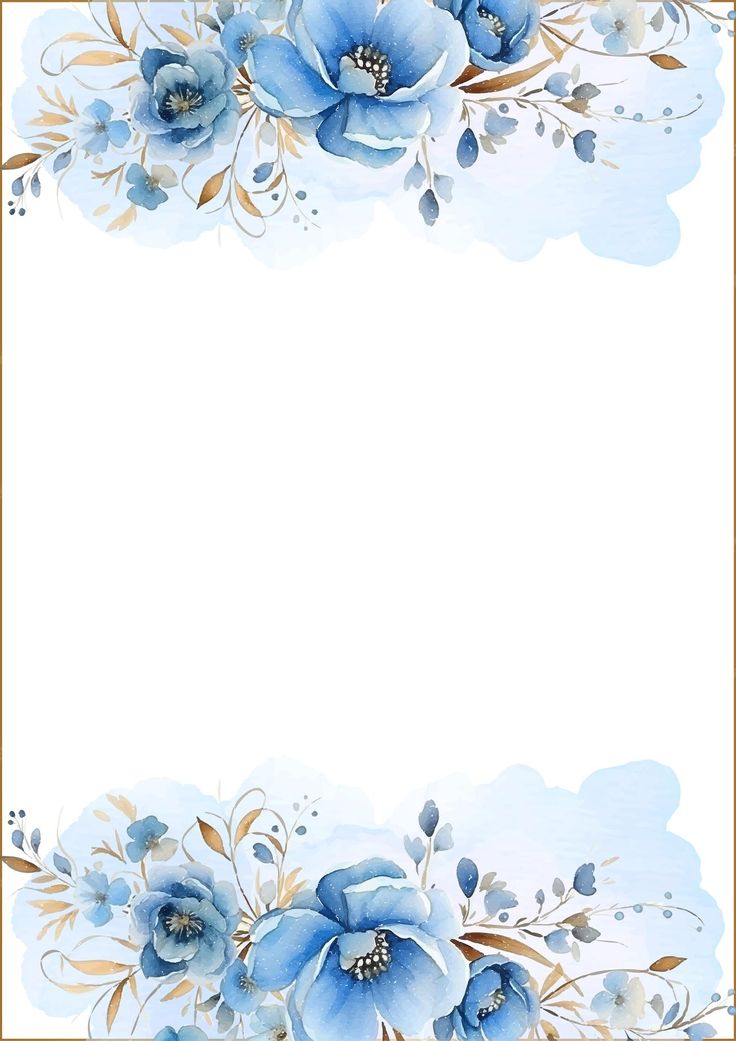 blue flowers and gold leaves on a white background with an empty space for the text