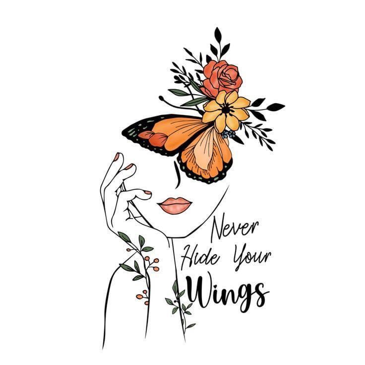 a woman with butterflies on her head and the words never hide your wings above her face