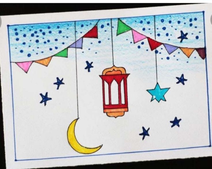 a drawing of a lantern and stars hanging from strings