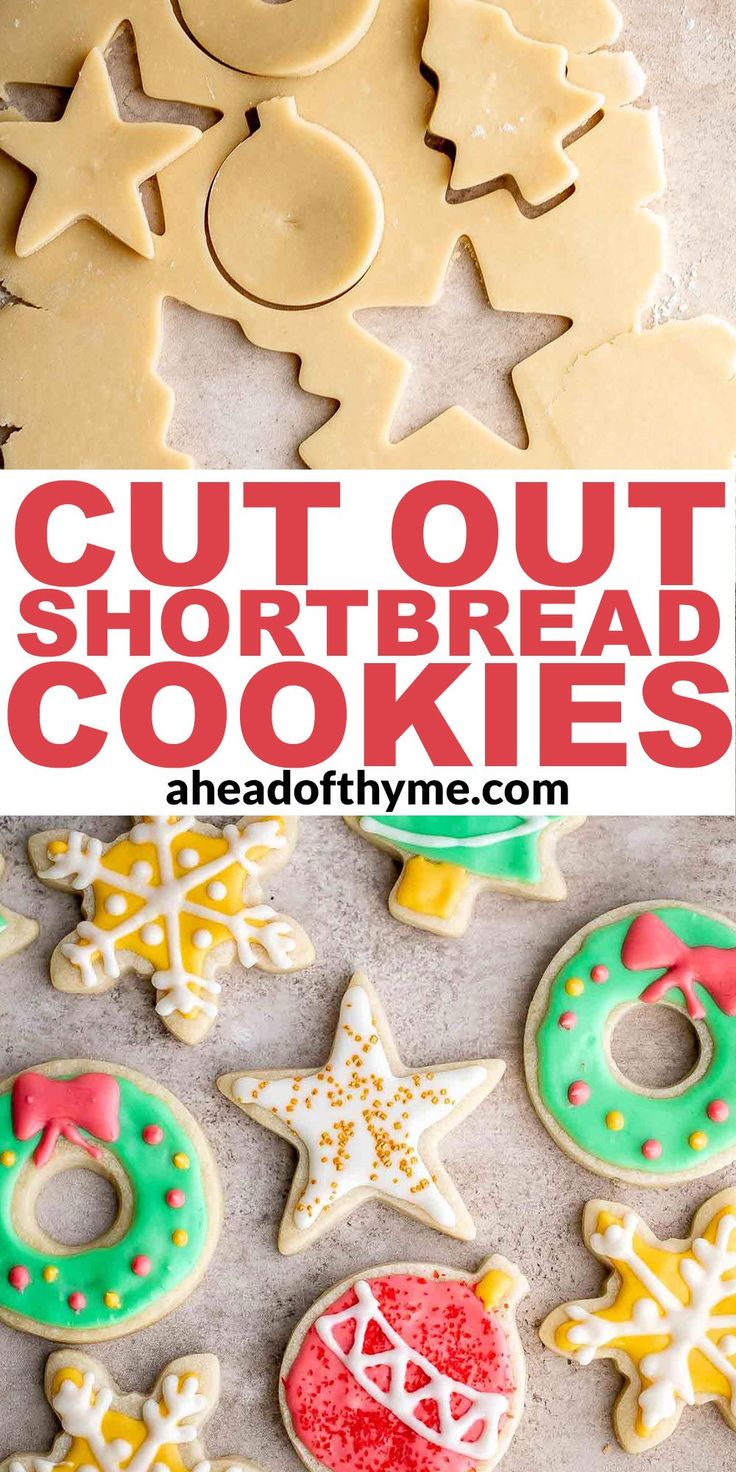 cut out shortbread cookies with icing and sprinkles in the middle