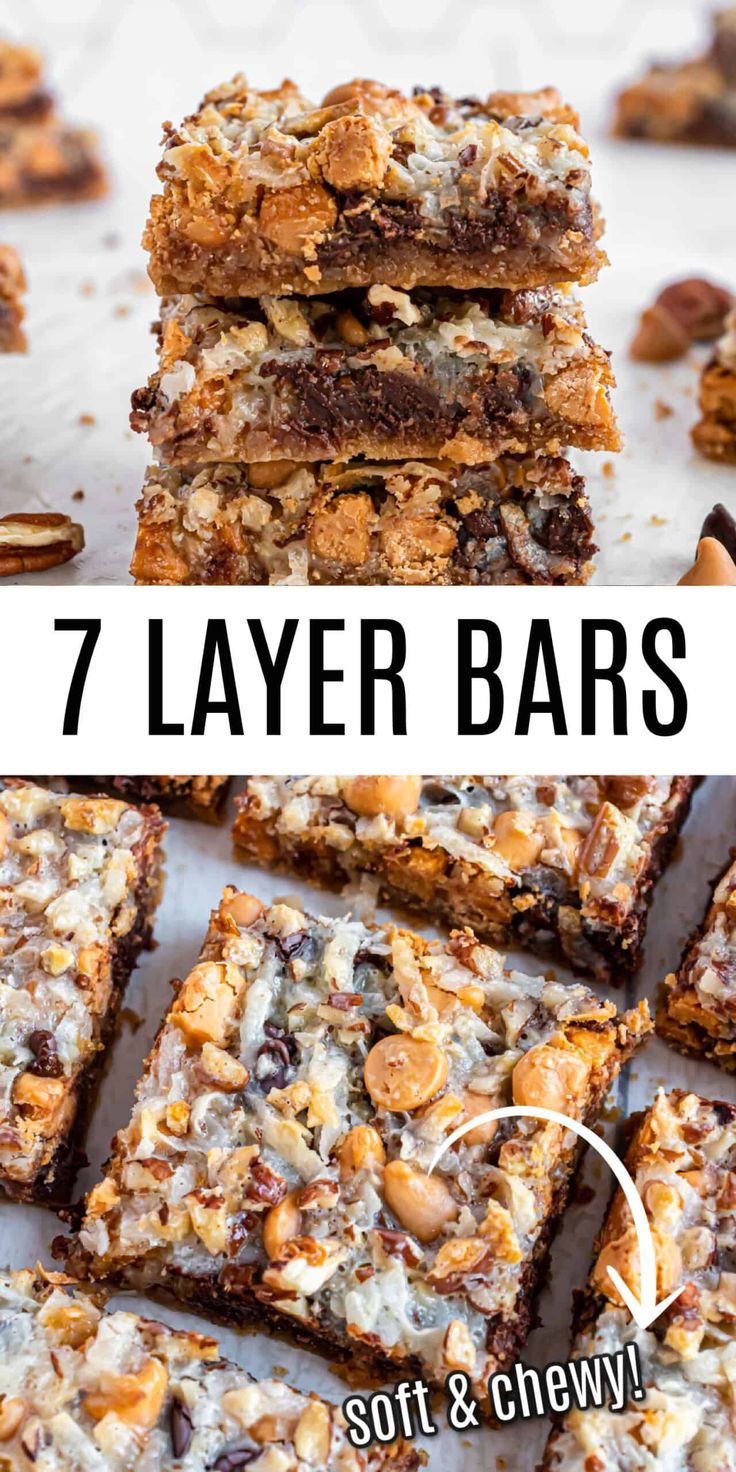 seven layer bars stacked on top of each other with nuts and chocolate in the middle