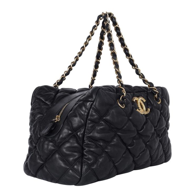 Authentic, pre-owned Chanel bubble quilted calfskin leather shoulder bag tote. Features black calfskin leather gold-tone hardware, dual leather woven straps, large CC at the front of the bag, and the interior lining has 3 compartments/pockets including a zippered compartment. Authenticity hologram stamp reads: 12899699 Made in Italy 2008-2009 Strap drop: 9" Quilted Leather Bag With Double Handle, High-end Quilted Shoulder Bag For Everyday Luxury, Quilted Leather Shoulder Bag With Double Handle, Luxury Quilted Shoulder Bag For Everyday Use, Luxury Quilted Satchel Bag, Luxury Quilted Double Handle Bag, Luxury Quilted Shoulder Bag For Travel, Quilted Leather Evening Bag, Designer Quilted Satchel Shoulder Bag