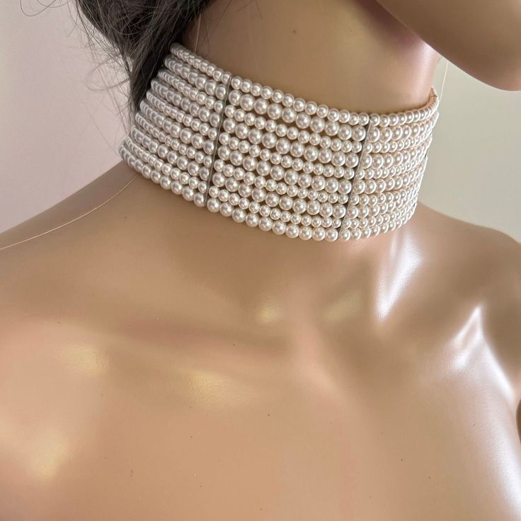 ‼️This choker has been upgraded from acrylic pearls to beautiful shell pearls and rhinestones clasp! ‼️ Introducing our exquisite 10 layers multi strand bridal necklace, designed to add a touch of elegance to your special day. Handcrafted with meticulous attention to detail, this stunning necklace showcases a  blend of 4 and 5 small pearls, creating a harmonious balance of charm and sophistication. Made using 4 and 5mm beautiful shell pearls and platinum plated or gold plated brass rhinestones c Pearl White Beaded Choker For Wedding, Party Pearl White Beaded Choker, Pearl White Beaded Choker For Party, Pearl White Pearl Choker For Wedding, White Bridal Pearl Choker Necklace, White Pearl Button Jewelry For Party, White Jewelry With Pearl Buttons For Parties, Pearl White Choker With Pearl Chain For Party, White Pearl Chain Choker