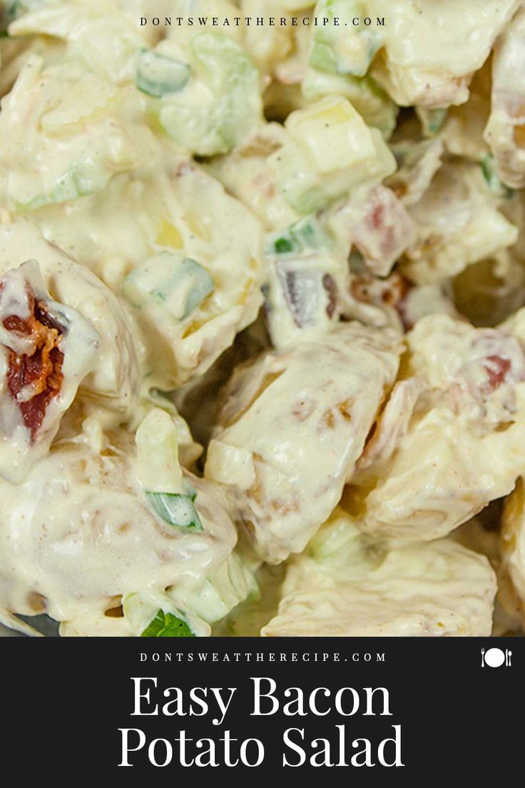 this easy potato salad is loaded with bacon and broccoli