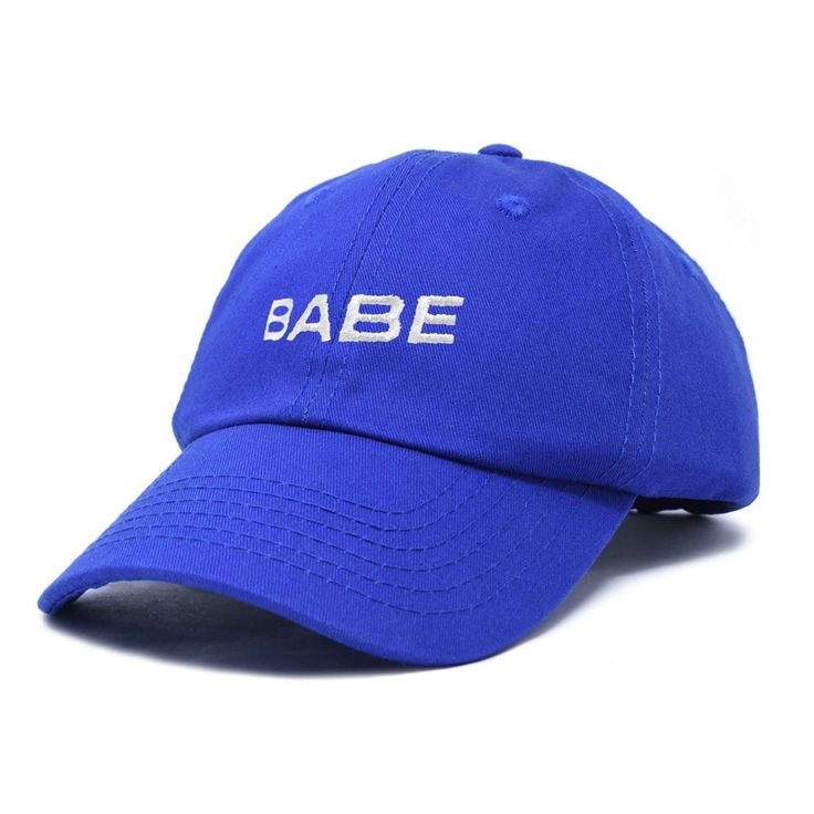 Embrace casual chic with our 'Babe' baseball cap designed for those who appreciate comfort and style. This 6-panel, low crown dad cap is crafted from 100% cotton, ensuring a soft and breathable feel that's perfect for any outing, whether you're spending quality time with family, enjoying a day in the sun, or simply adding a fun twist to your everyday ensemble. Versatility meets functionality with our cap, making it a go-to choice for every occasion. Measuring 11 inches in length, our hat provide Blue Adjustable Cotton Dad Hat, Blue Letter Print Hats For Streetwear, Blue Hats With Letter Print For Streetwear, Blue Cotton Snapback Hat With Curved Brim, Blue Cotton Snapback Trucker Hat, Basic Snapback Dad Hat, Blue Cotton Visor Trucker Hat, Blue Letter Print Snapback Hat For Baseball Season, Blue Cotton Snapback Hat With Embroidered Logo