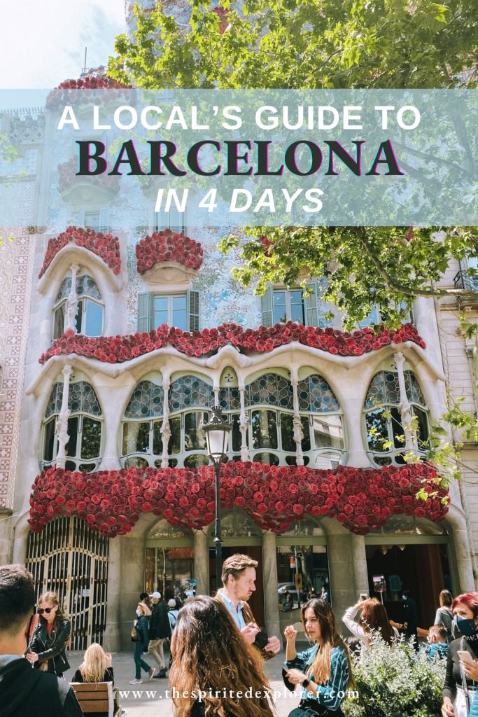 people standing in front of a building with red flowers on it and the words, a local's guide to barcelona in 4 days