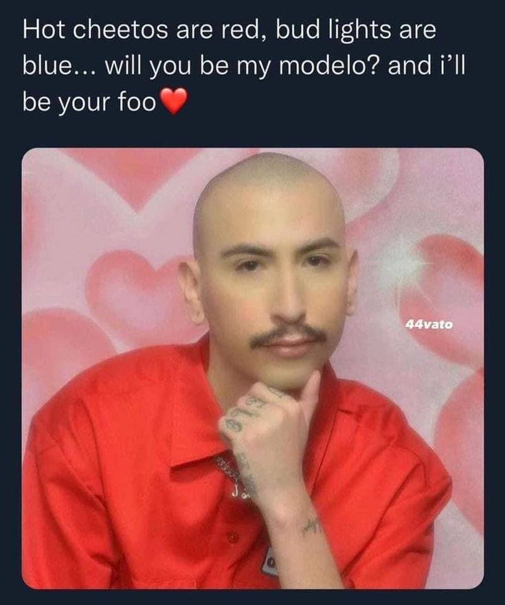 a man with a moustache on his face and the caption says, hot cheetos are red, bud lights are blue, will you be my modelo? and i'll