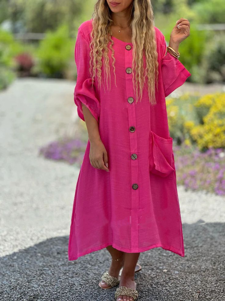 Women's Summer Single Breasted Dress Solid Crew Neck Long Sleeve Shirt Dress Knee-length Shirt Dress For The Beach, Long Sleeve Summer Dresses With Pockets, Solid Color Button-up Shirt Dress For Beach, Button-up Shirt Dress In Solid Color For Beach, Button-up Solid Color Shirt Dress For Beach, Button-up Shirt Dress For Beach In Solid Color, Knee-length Shift Shirt Dress For Beach, Beach Knee-length Shift Shirt Dress, Summer Button-up Maxi Dress With Pockets