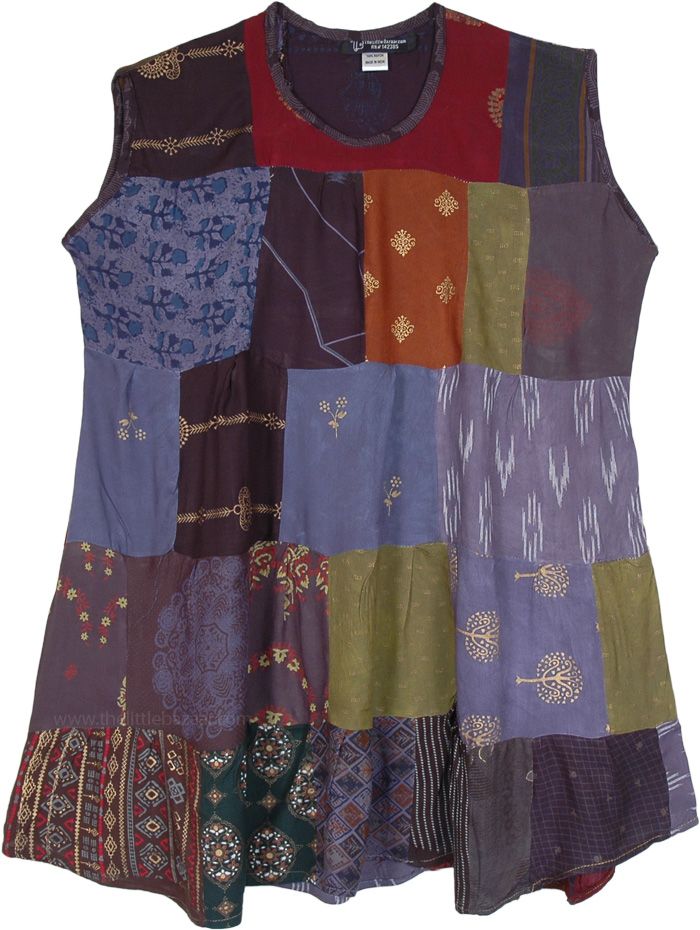 A mixed-print patchwork sleeveless dress top with breathable rayon fabric for Summers.  It's an easy casual pull-over style summer dress that is unique in every piece as it's made from recycled patches, but with the same color tones; it can be dressed up or down. #tlb #Sleeveless #Patchwork #Yoga #vacationclothing #beachwrap #Floral #Printed #bohemianfashion #Handmade #Patchworkrayondress #Bohemiandress #summerfundress Sleeveless Patchwork Tops For Beach, Sleeveless Patchwork Beach Tops, Purple Patchwork Summer Dress, Summer Purple Patchwork Top, Casual Purple Patchwork Dress, Sleeveless Patchwork Dress For Festivals, Casual Patchwork Dresses For Festivals, Cotton Patchwork Dress For Festival, Summer Cotton Tops With Mixed Print