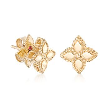 Roberto Coin "Princess" 18kt Yellow Gold Flower Stud Earrings. Founded in Vicenza, the City of Gold in 1977, Roberto Coin jewelry celebrates the elegance of femininity, creativity and craftsmanship. From the "Princess" collection, this refined pair of 18kt yellow gold flower stud earrings show off distinguished details. The contrast between the smooth polished petals and their roped borders give the pair a charming aura, making them an ideal choice for everyday wear. Post/clutch, 18kt yellow gol Roberto Coin Jewelry, City Of Gold, Princess Earrings, Princess Flower, Roberto Coin, Flower Stud Earrings, Natural Gold, Flower Stud, Coin Jewelry