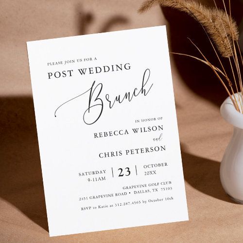 a white vase filled with dry grass next to a post wedding brunch card