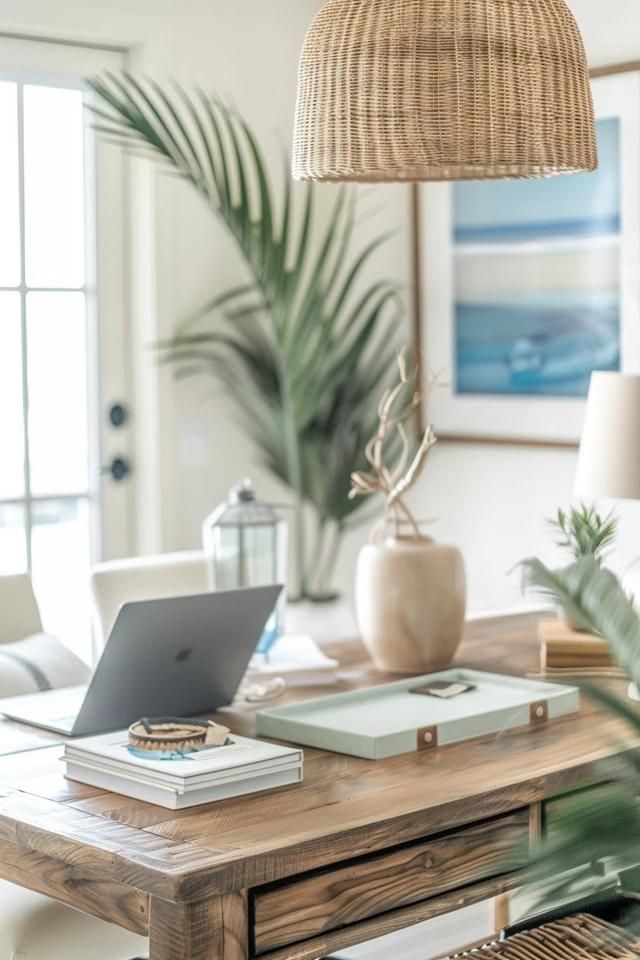 Coastal Office Ideas for a Serene Workspace Modern Coastal Office Decor, Desk Styling Ideas Home Office, Beachy Home Office, Coastal Office Decor Work Spaces, Calming Office Space, Male Office Ideas, Office And Workout Room Combo, Coastal Office Ideas, Home Office Coastal