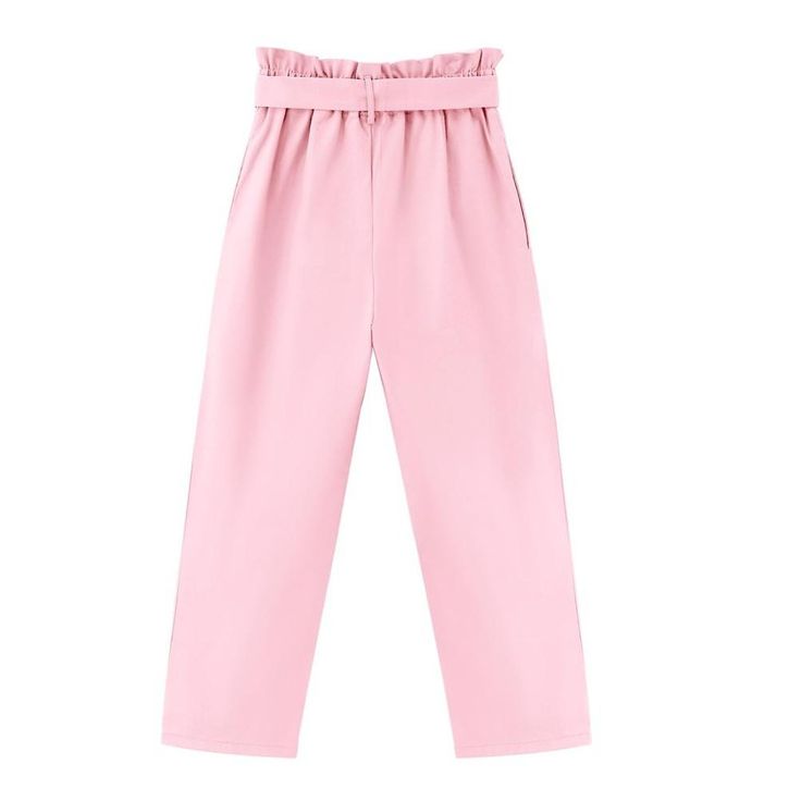 Introducing our Girls High Waist Paper Bag Pants, the perfect blend of style and comfort for your little fashionista! Designed with a belted waist and tapered fit, these pants offer a chic silhouette that flatters any figure. The charming bow decoration adds a touch of elegance, making these pants suitable for both casual outings and special occasions. Crafted from a soft and breathable fabric composed of 70% Rayon, 25% Polyester, and 5% Spandex, these pants provide a comfortable stretch while m Trendy Paperbag Waist Pants With Elastic Waistband, Trendy Belted Bottoms With Paperbag Waist, Trendy Belted Paperbag Waist Bottoms, Trendy Paperbag Waist Pants For Spring, Trendy Spring Paperbag Waist Pants, Trendy Spring Pants With Paperbag Waist, Solid Bottoms With Belt For Spring, High Waist Pink Pants With Elastic Waistband, Pink Trousers With Belt Loops