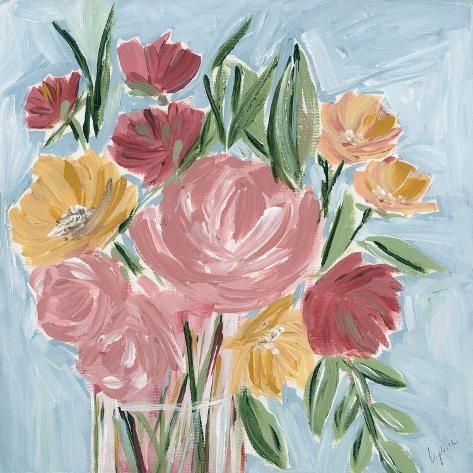 a painting of pink and yellow flowers in a glass vase on a blue background with green leaves