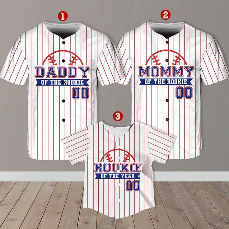 three baseball jerseys with the name and number on them, all printed in different colors