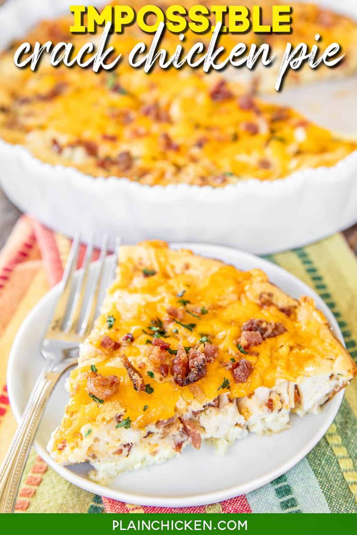 a close up of a slice of casserole on a plate with a fork