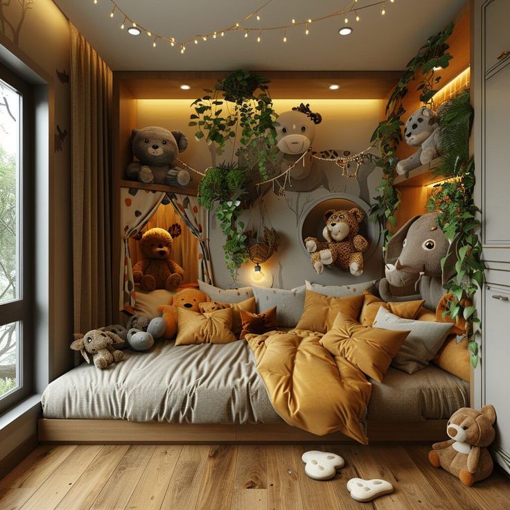 a bedroom with teddy bears and plants on the wall above the bed, along with other stuffed animals