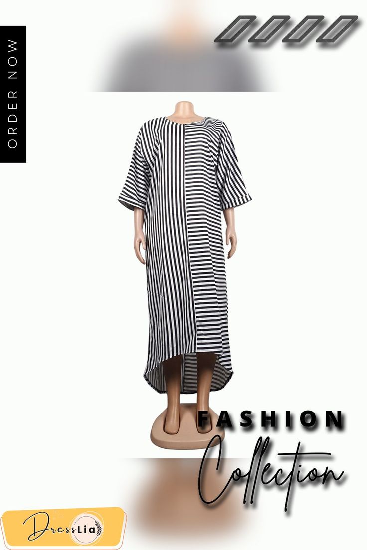 Striped 3/4 Sleeve V Neck Loose Casual Maxi Shirt Dress Oversized 3/4 Sleeve Summer Dress, White Casual Maxi Dress With 3/4 Sleeves, Summer Maxi Dress With 3/4 Sleeves, Casual White Maxi Dress With 3/4 Sleeves, Summer Maxi Dress With 3/4 Sleeve For Daywear, Oversized 3/4 Sleeve Beach Dress, Oversized Striped Spring Dresses, Oversized Striped Summer Dresses, White Half Sleeve Shirt Dress For Spring