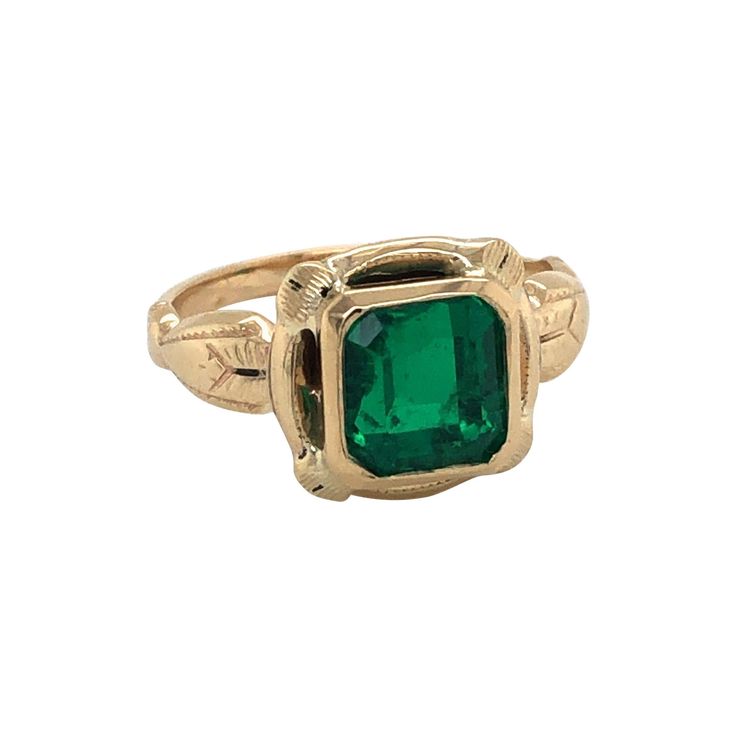 Regally displayed in it's beautiful fancy antique ten karat 10K yellow gold setting, this vibrant green step cut 2.33 carat emerald gemstone emotes the spiritual meaning of love and hope. GIA certified as an octagon step cut green natural beryl emerald measuring 7.80 x 7.36 x 5.56 mm, transparent with F1 clarity. Currently in ring size 7 and resizable at no additional cost. Gift boxed and accompanied by GIA Certificate Number 110211332464. Vintage Cocktail Ring, Antique Ring, Step Cut, Meaning Of Love, Yellow Gold Setting, Vintage Cocktail, Emerald Gemstone, Yellow Gold Ring, Antique Rings