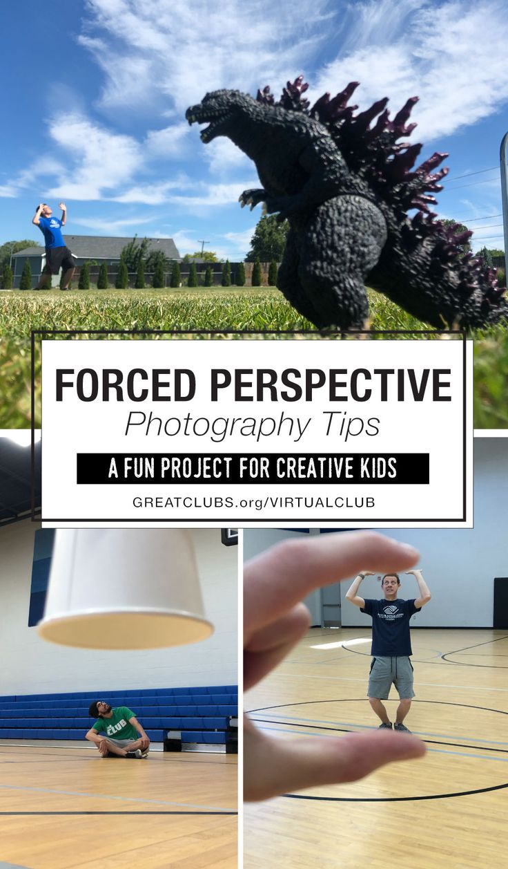 a person taking a photo of a godzilla in a gym with the words forced perspective photography tips