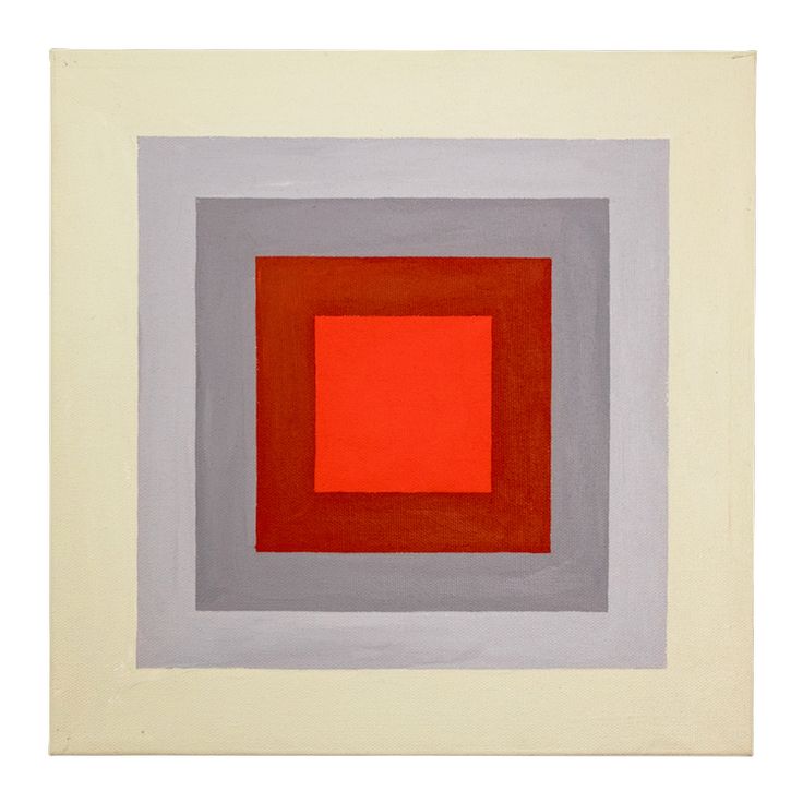 an abstract painting with red and grey squares