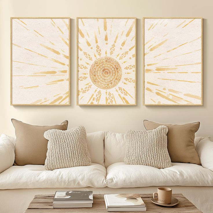 PRICES MAY VARY. [Framed Boho Wall Art]: Set of 3 framed boho sun canvas wall art, each measuring 16x24 inch, the total size of 3 pieces is 24" H x 48" W, The Frame is made of durable, rust-resistant metal and covered with a layer of wood veneer and finished in a natural wood colour to simulate the texture of real wood. [Canvas Art Wall Decor]: Our boho wall art is made of waterproof canvas, which is moisture-proof and easy to maintain. This canvas has a unique texture that can enhance the visua Boho Painting For Bedroom, Boho Bedroom Gallery Wall, Boho Desert Decor, Art Over Couch, Modern Boho Wall Art, Beige Bedroom Decor, Bohemian Painting, Boho Frame Wall, Sun Wall Art