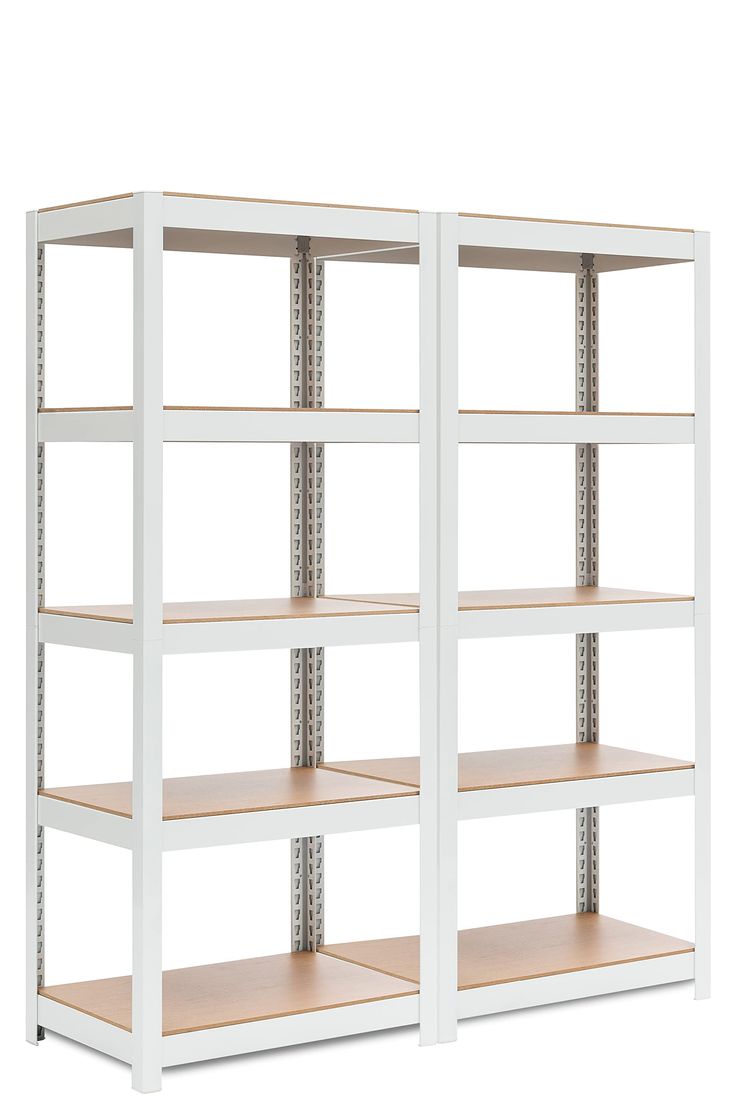 two white shelving units with wooden shelves on each side and one shelf below the other