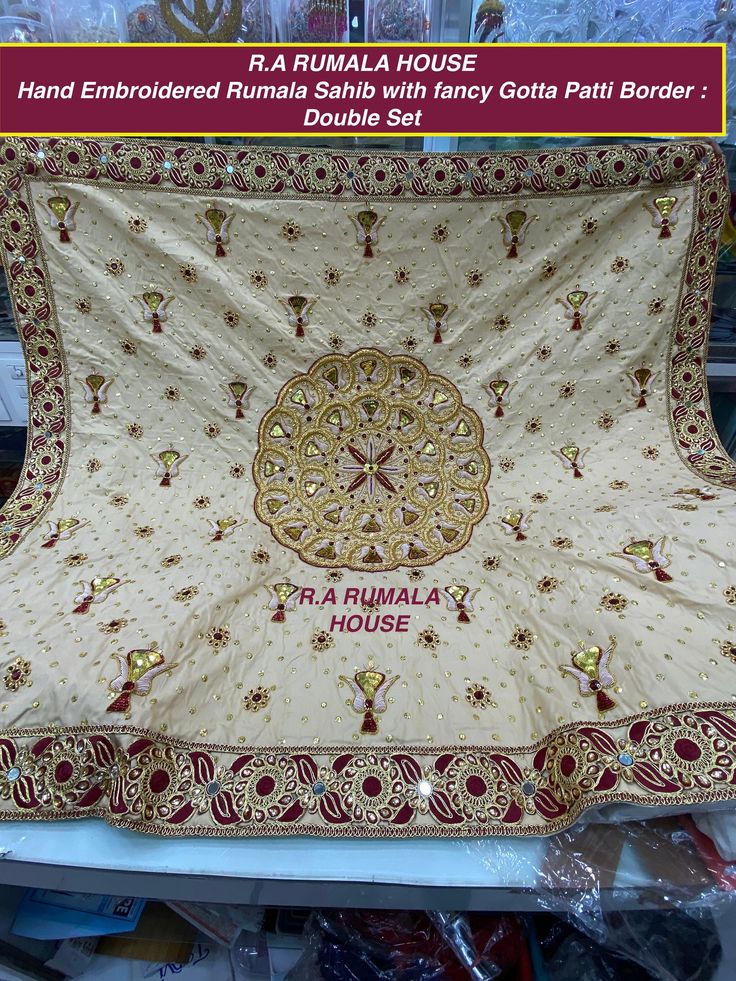 Heavy Hand Embroidered Rumala Sahib With Fancy Gotta Patti Border. Whats App +91 7508555351. Insta : Royal_sikhfashion. Please Contact on Whats App or Message on Instagram or Etsy for any Doubts.  For Chandoya Sahib in same design of any size - Message on Etsy/Instagram/Whats App +917508555351. Instagram : Royal_sikhfashion Note : Design of Gotta Patti can differ slightly due to unavailability of that design. If same is not available, we will attach the best matching option available in market. Traditional Churidar With Gota Work For Reception, Traditional Drape Churidar With Gota Work For Reception, Reception Churidar With Gota Work And Traditional Drape, Rumala Sahib Design, Raw Silk Churidar With Mirror Work For Reception, Reception Pallu Churidar In Raw Silk, Raw Silk Churidar With Pallu For Reception, Traditional Churidar With Resham Embroidery For Reception, Gold Chanderi Churidar For Reception