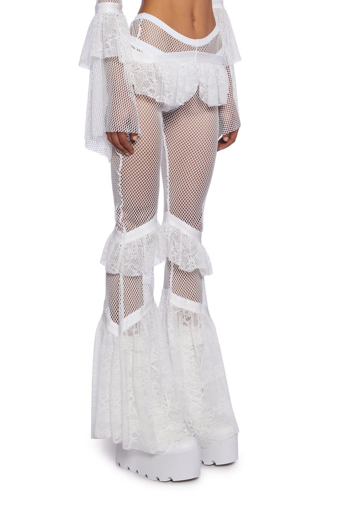 Sheer White Pants, All White Rave Outfit, White Costume Women, Hippie Rave Outfits, Sheer Pants Outfit, Rave Inspo Outfits, White Rave Outfits, Diy Rave Outfits, Lace Bell Bottoms