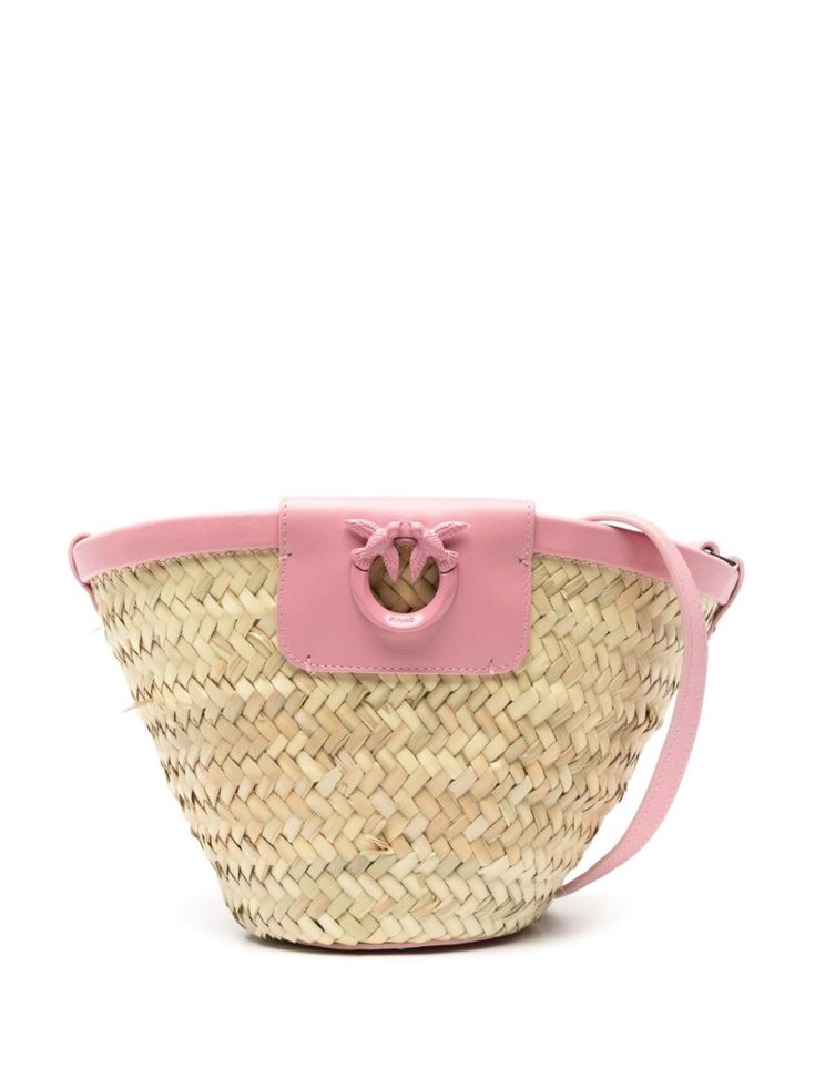 beige/pink raffia calf leather leather trim leather panel signature Love Birds plaque lobster claw fastening adjustable shoulder strap main compartment metal feet Raffia Bucket Bag, Leather Panel, Iconic Bags, Woven Design, Pink Tone, Bag Handle, Ballet Flat Shoes, Pump Sandals, Accessories Branding