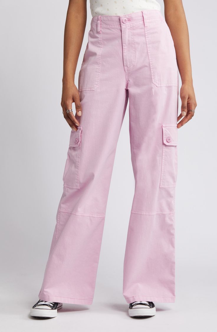 Embrace the effortlessly cool, baggy silhouettes of Y2K with cotton-blend cargo pants enhanced with just a hint of stretch for added softness. 31 1/2" inseam; 23" leg opening; 11 1/2" front rise; 13" back rise (size 8) Zip fly with button closure Front slant pockets; back button-flap patch pockets; cargo flap-patch pockets 97% cotton, 3% spandex Machine wash, tumble dry Imported Not available for sale and shipment to Germany Mid-rise Cotton Parachute Pants With Pockets, Pink Cotton Cargo Pants, Pink Cotton Cargo Style Pants, Pink Utility Wide Leg Parachute Pants, Pink Utility Cargo Jeans With Side Pockets, Pink Wide Leg Utility Parachute Pants, Spring Mid-rise Cargo Pants With Cargo Pockets, Spring Mid-rise Cargo Pants With Pockets, High-waisted Cargo Pants With Multiple Pockets For Spring