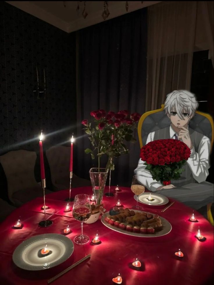 a table topped with plates and candles next to a vase filled with red rose flowers