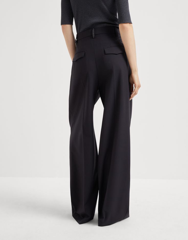 Tropical luxury wool high waist wide trousers with monili The fluid, lightweight texture of Tropical Luxury wool enhances the feminine lines of these Wide trousers. As a modern take on tailored silhouettes, high-rise proportions flow comfortably with long pleats and loose, straight lines along the leg. A shiny monili embroidery illuminates the back loop and complements the piece with an unexpected sparkling note. Formal High Waist Wide Leg Wool Pants, Formal High Waist Wool Wide Leg Pants, Formal High Waist Wide Leg Pants, Tailored Wide Leg Evening Pants, Modern Tailored Wide-leg Pants, Modern Tailored Wide Leg Pantsuit, Chic Wool Bottoms For Evening, Luxury Wide Leg Pants For Business Casual, Elegant High-waist Wool Dress Pants