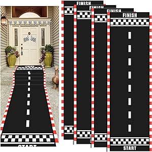 three black and white checkerboard street signs next to a doorway with potted plants on either side