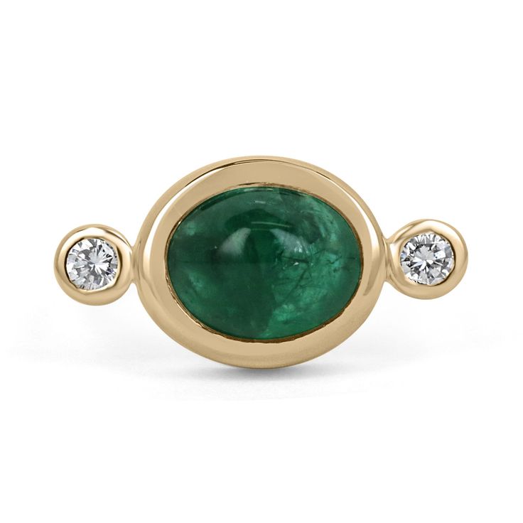 A magnificent emerald cabochon and diamond accent three-stone ring. This remarkable piece features a stunning, high-quality, dark emerald green cabochon emerald. Cut into the shape of an oval, with very good clarity and luster. The center stone is bezel set, with two brilliant round-cut diamonds accenting either side. Crafted in fabulous 14K yellow gold.  Setting Style: Bezel - Three Stone Setting Material: 14K Yellow Gold Setting Weight: 6.8 Grams Main Stone: Emerald Cut: Cabochon Shape: Oval Cut Weight: 4.36-Carats Clarity: Transparent Color: Dark Green Luster: Very Good Treatments: Natural, Oiling Origin: Zambia Secondary Stone: Diamond Weight: 0.14-Carats (Total) Cut: Brilliant Round Clarity: VS2 Color: I Luster: Very Good Treatments: Natural Estimated Retail Value: $12,590.00 USD Keep Fine Jewelry Emerald Oval Cabochon Ring For May Birthstone, Fine Jewelry Emerald Diamond Cabochon Ring, Yellow Gold Diamond Cabochons Fine Jewelry, Emerald Cabochon Ring With Diamonds, Luxury Oval Emerald Ring With Three Stones, Luxury Oval Three Stone Emerald Ring, Emerald Bezel Set Oval Cabochon Ring, Elegant Oval Three-stone Gemstones, Elegant Three Stone Oval Gemstones