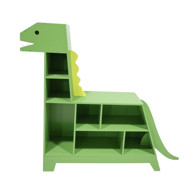 a green bookcase with a dinosaur design on the front and bottom shelves in different colors