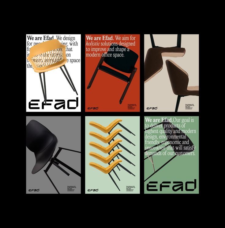 four different chairs and one chair with the word efad written on it in black