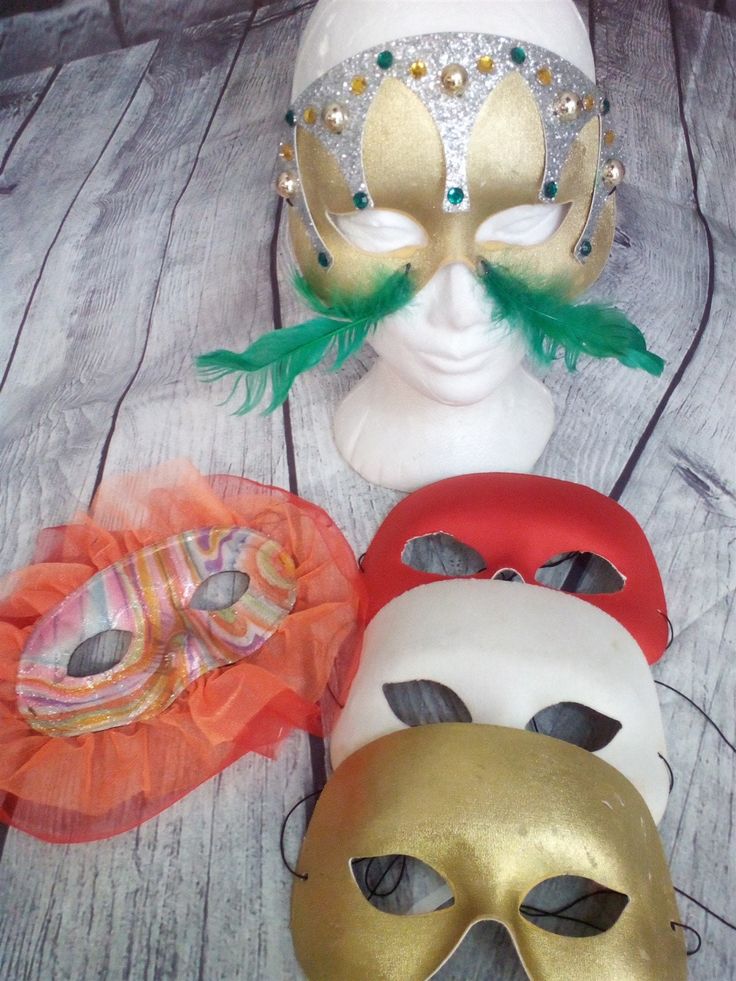 "This is a beautiful lot of vintage masquerade eye masks a couple of which were made in Italy. They measure approximately 7 1/2\" x 4 1/4\". There are two ornate, decorated masks as follows: Gold with Green feathers and green, yellow, and gold faceted faux gems attached Multi-color pastel swirl in pinks and silver, orange and purple, with orange and red tulle fabric There are 3 simpler masks: Gold. Red, and White. The red and gold masks are marked \"Made in Italy\" on the inside. This is great V Vintage Masks For Mardi Gras Costume Party, Vintage Masks For Carnival Costume Party, Vintage Masquerade Mask For Mardi Gras Costume Party, Vintage Eye Mask For Masquerade Costume Party, Vintage Eye Mask For Costume Party, Vintage Eye Mask For Carnival, Venetian Masks For Mardi Gras Carnival, Carnival Costume Masks And Prosthetics, Vintage Masquerade Mask For Mardi Gras Theater