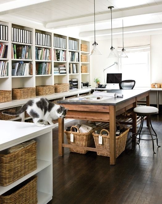 a cat sitting on top of a wooden table in a room with bookshelves