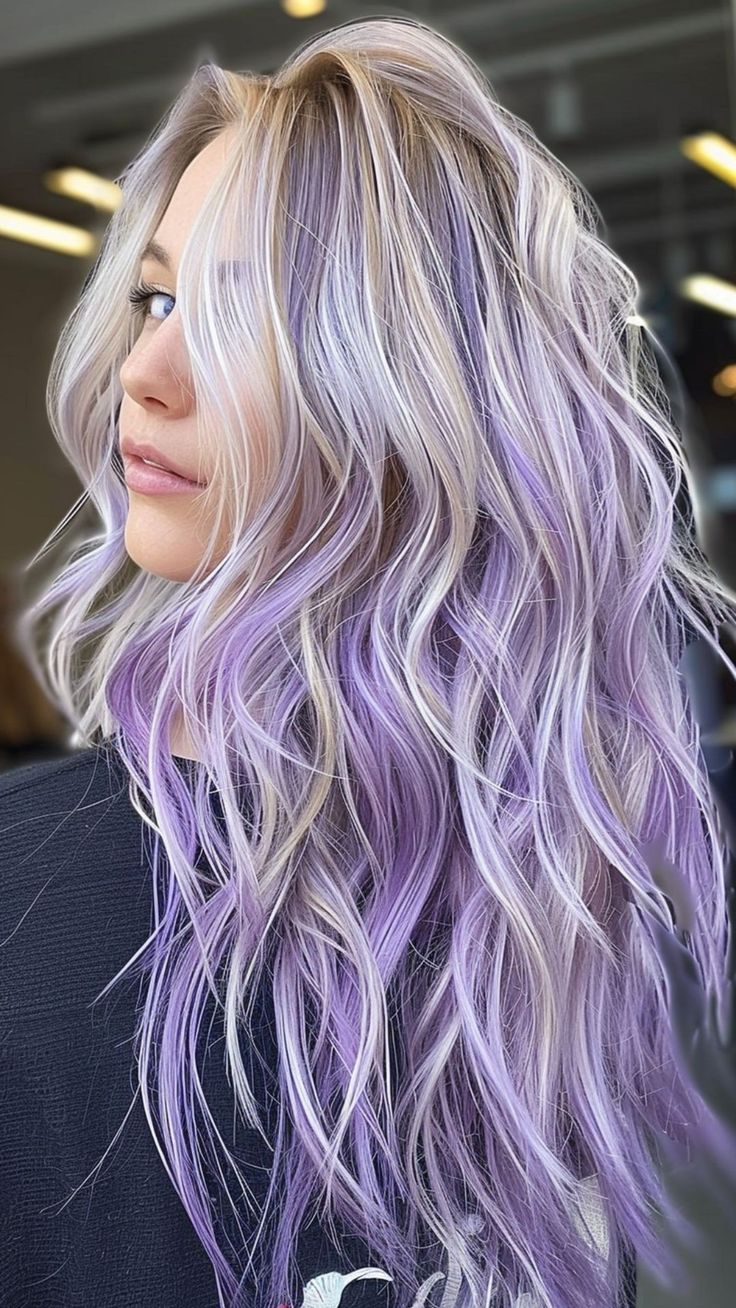 Platinum Dreams: 20 Blonde Highlight Ideas for Instant Glam Purple Platinum Blonde Hair, Platinum Hair With Purple Highlights, Blonde Hair Color With Purple, Funky Hair Colors For Blondes, Light Purple Hair Lavender Highlights, Different Hair Colors Ideas, Blond Hair Purple Highlights, Blonde And Violet Hair, Blonde Hair With Purple Highlights Peekaboo Color