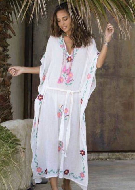 Ophelia Embroidered Long Kaftan Natural/Multicolor - Blue Boheme Soft And Feminine, Long Kaftan, Embroidered Maxi Dress, Pastel Hues, Floral Motifs, Floral Motif, Pretty In Pink, Boho Fashion, Kimono Top