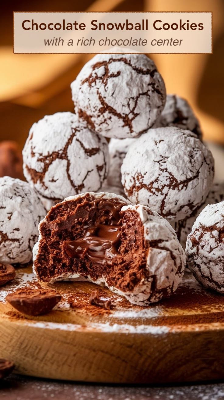 chocolate snowball cookies with a rich chocolate center on a wooden cutting board next to nuts