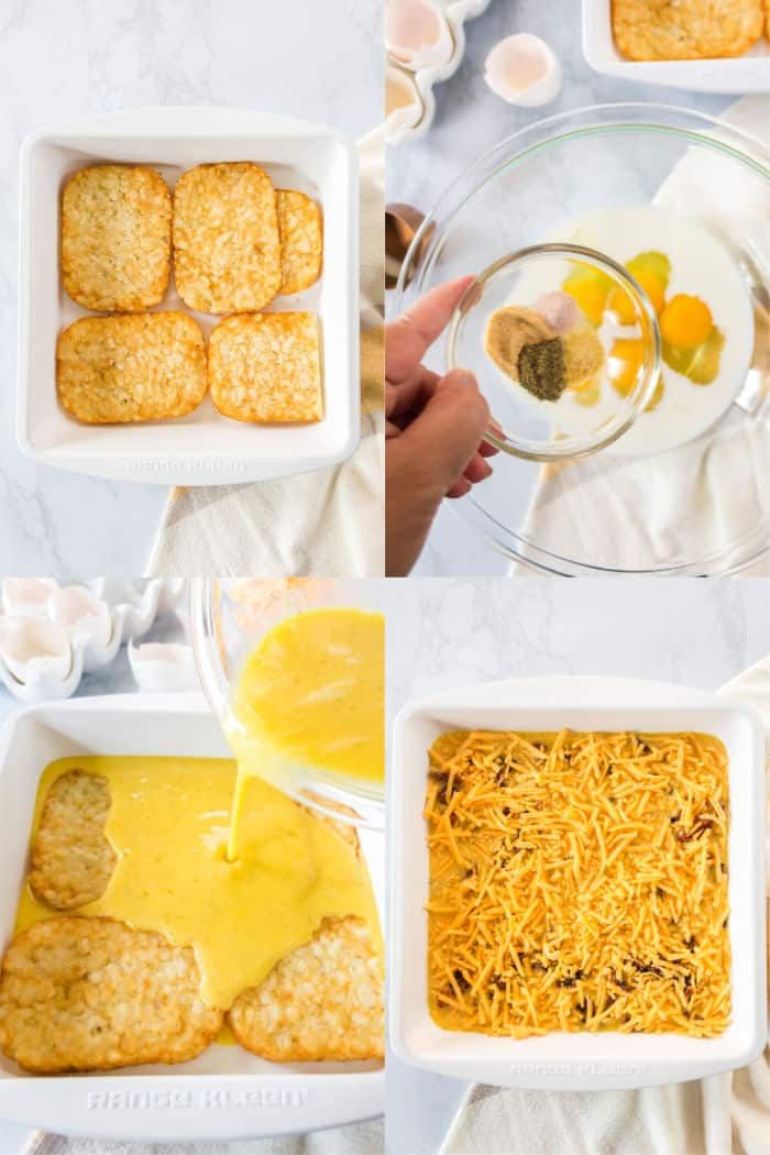 the process of making biscuits and cheeses in small white dishes on a marble table