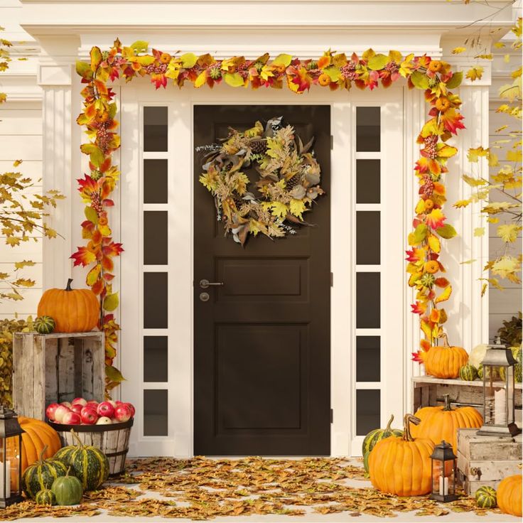 a front door decorated with fall leaves and pumpkins